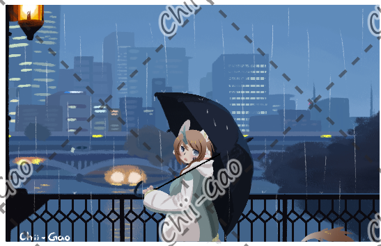 My Synthibae, R0, standing on a bridge in the rain.