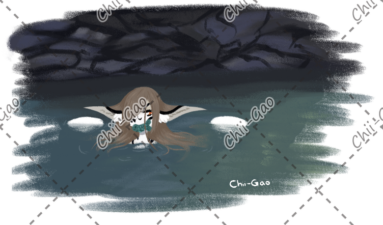 A painted piece of my cloki, Mishka, poking her head out of water with a fish in her mouth I drew for a community prompt.