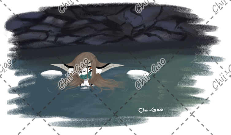 A painted piece of my cloki, Mishka, poking her head out of water with a fish in her mouth I drew for a community prompt.