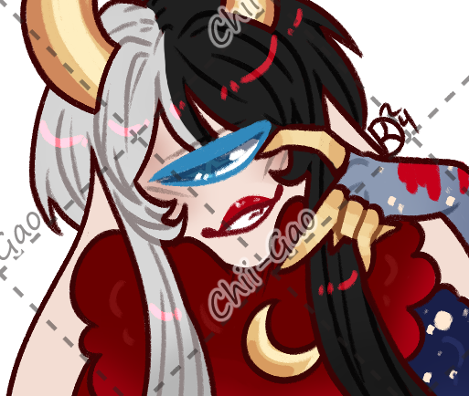 My occulae, Waning Blood Moon, smirking while doing half of a heart sign with his hand.