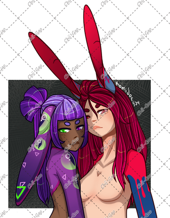 Half body piece of my plunnies, Evil Eye & Vital Signs, posing next to each other looking at the viewer.