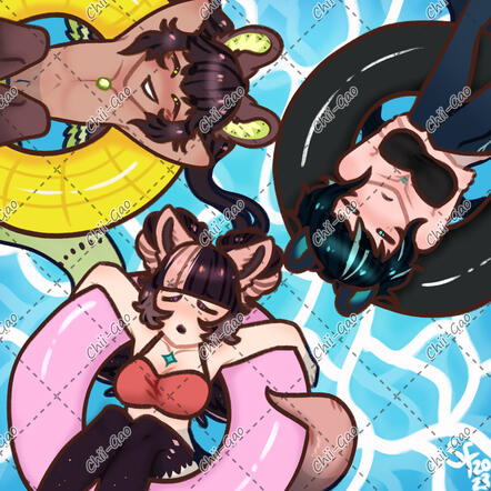 A drawing a did for a summer prompt. The art depicts my 3 mahoubae, Theory, Kiwi & Tordis all in a pool sitting in circular pool floaties, Tordis and Theory looks exhausted from the heat while Kiwi is enjoying himself.
